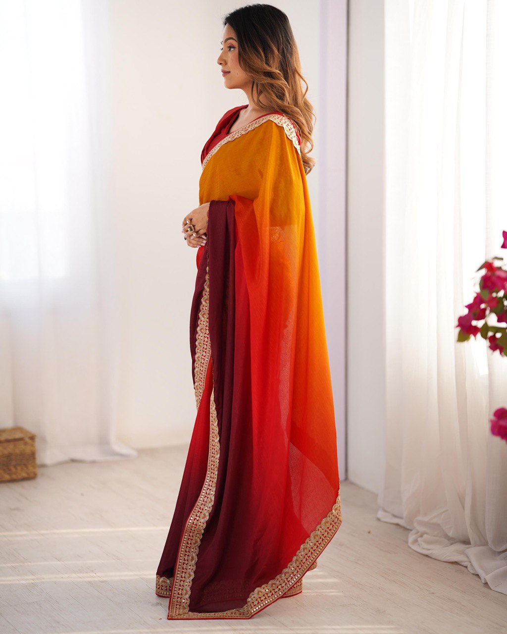 Women's Elegant Ombre Green Georgette Saree with Intricate Golden Zari & Stone Embellishments β Complete with Heavily Worked Blouse for Festive & Wedding Wear - Image 10